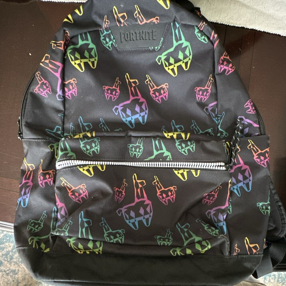Fortnite Black Backpack Multicolor Llama Print Front Zip Pocket